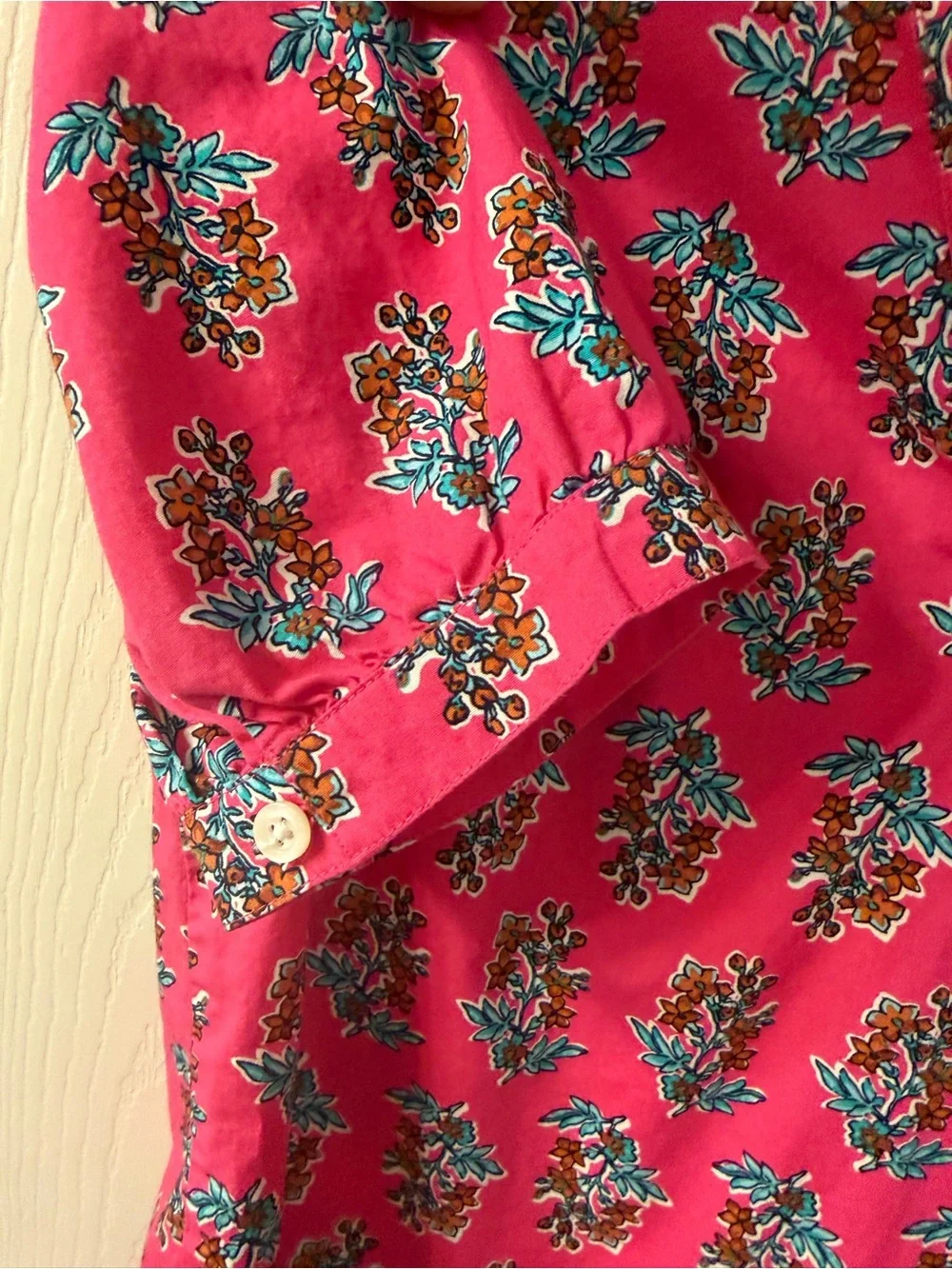 J. Crew Hot Pink Preppy Floral Feminine Puff Sleeve Split Neck Poplin Blouse XS - Picture 8 of 9